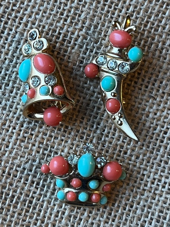Vintage Jewelry - Vintage Dagger Crown Bell Retro Brooch Trio Set
